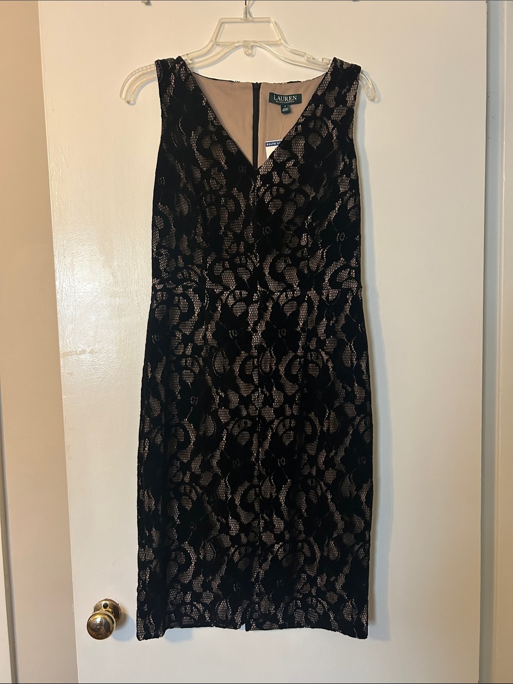 Lauren Ralph Lauren Black Lace Sheath Dress with Nude Lining